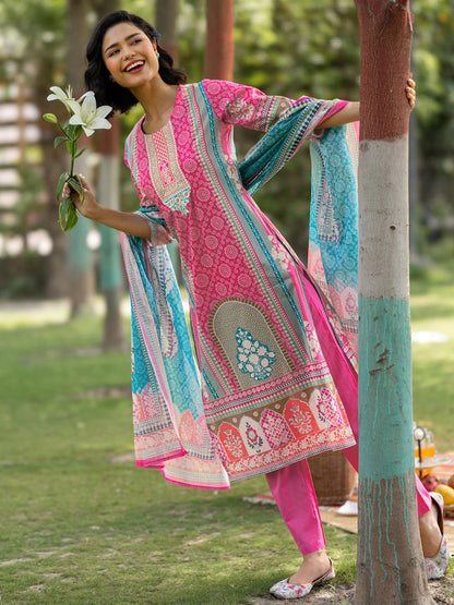 Women Ethnic Motifs Printed & Yoke Embroidered Kurta with Trousers & Dupatta