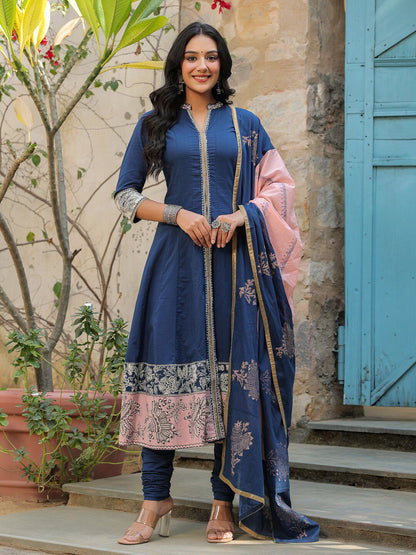 Dhiyona RR Women's Ethnic Motifs Printed Pure Cotton Anarkali Kurta With Churidar & Dupatta
