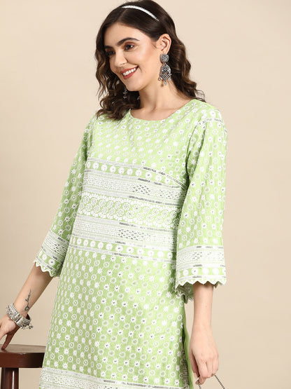 Floral Embroidered Mirror Work Kurta with Trousers