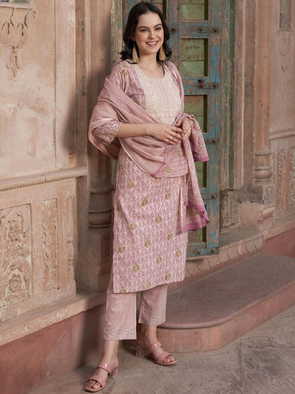 Mauve coloured Floral Printed Pure Cotton Kurta with Churidar & With Dupatta