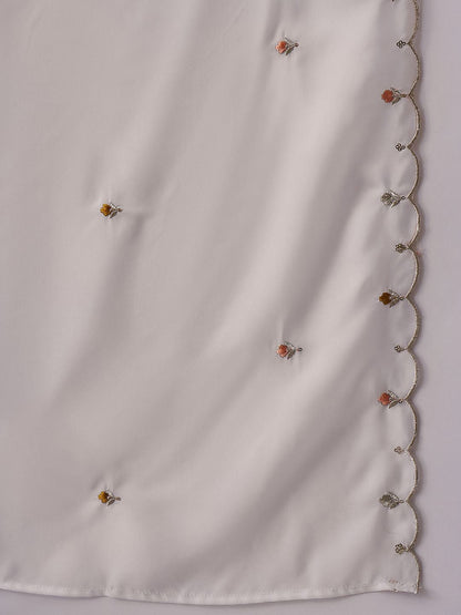 Dhiyona SN Women's White Thread Work Round Neck A-Line Kurta With Trousers And Dupatta