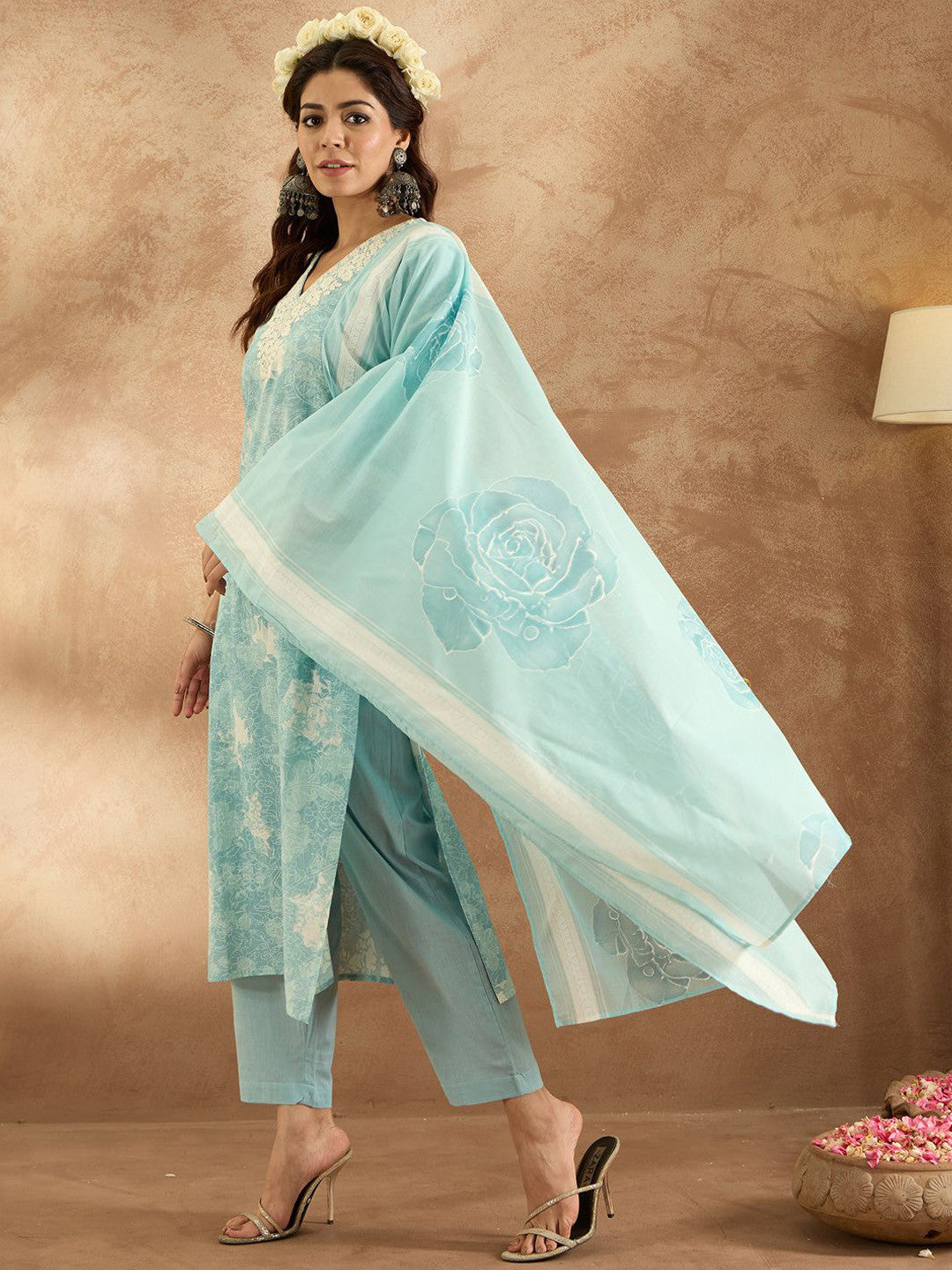 Women Floral Embroidered Pure Cotton Kurta with Trousers & Dupatta