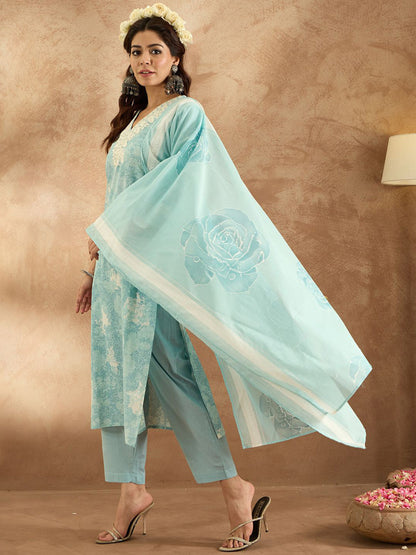 Women Floral Embroidered Pure Cotton Kurta with Trousers & Dupatta
