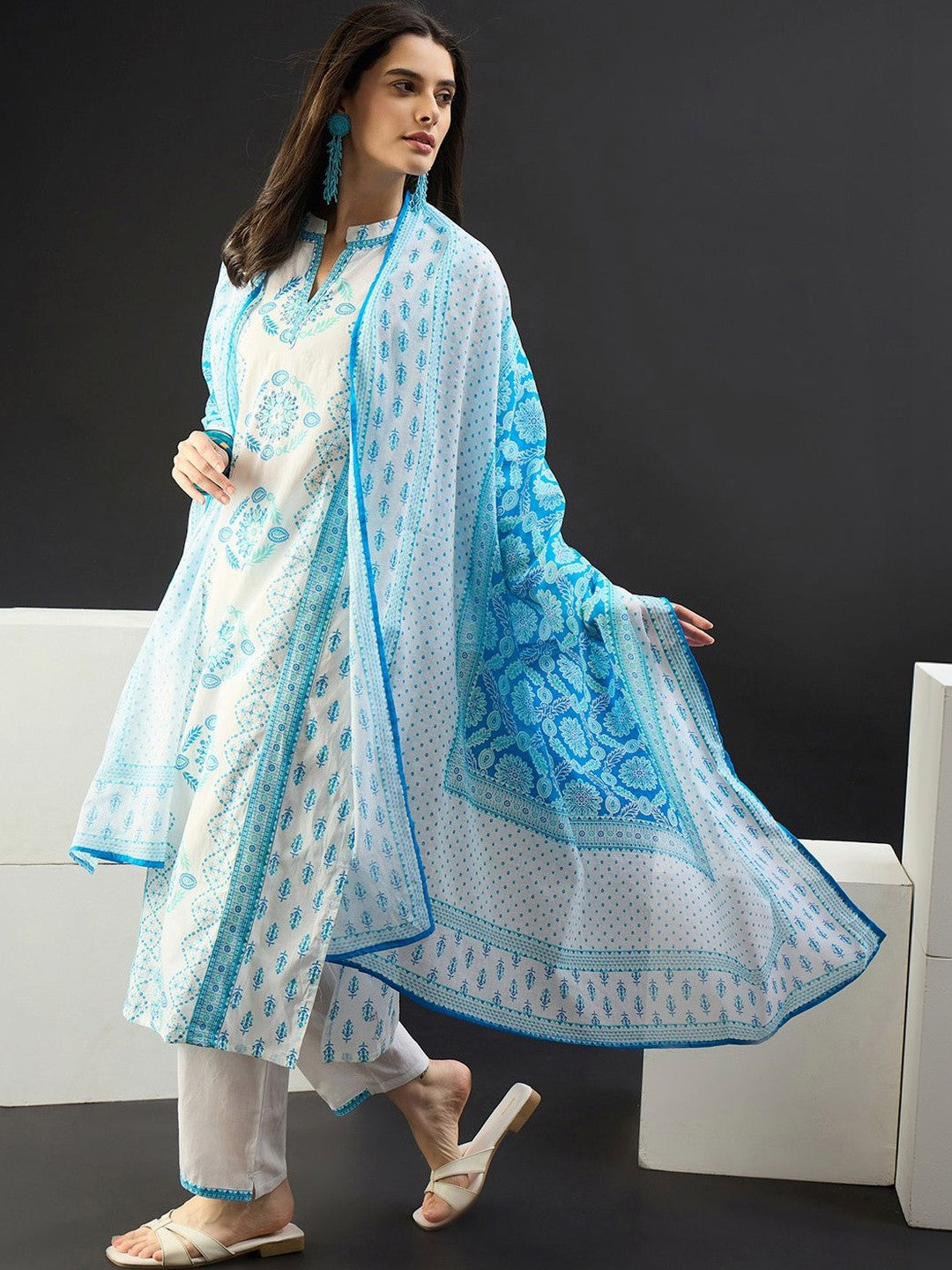 Women Ethnic Motifs Printed Regular Pure Cotton Kurta with Trousers & With Dupatta