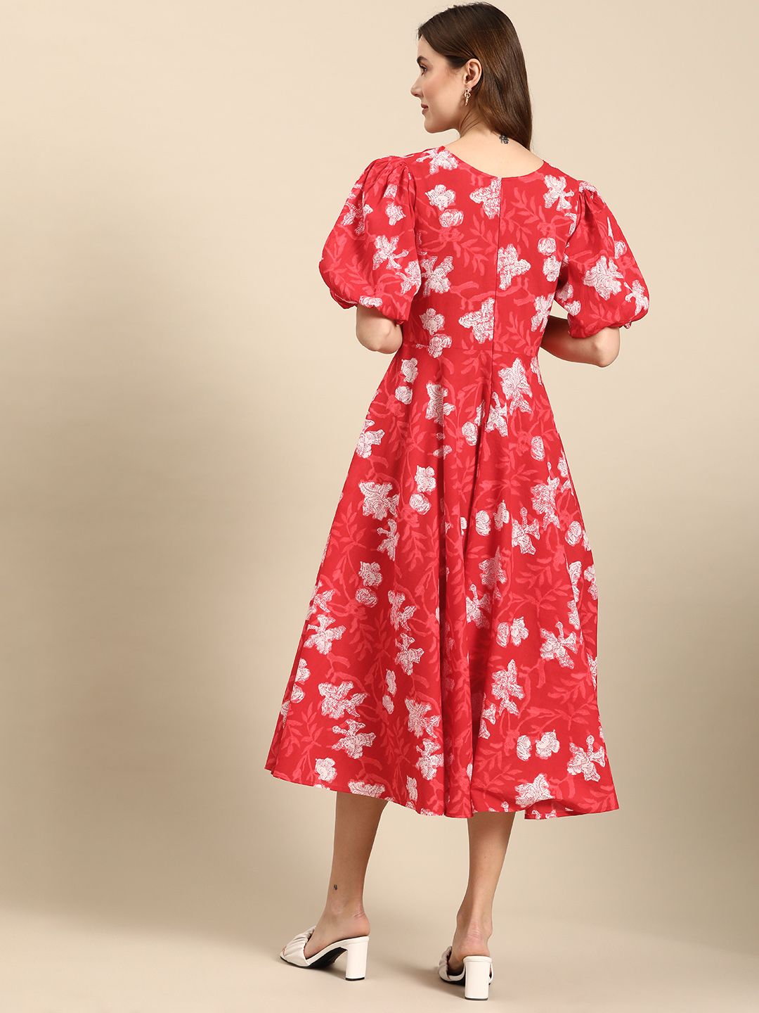 Dhiyona AY Women's Floral Print Puff Sleeves Pure Cotton A-Line Midi Dress
