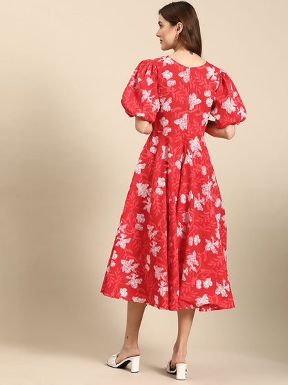 Dhiyona AY Women's Floral Print Puff Sleeves Pure Cotton A-Line Midi Dress