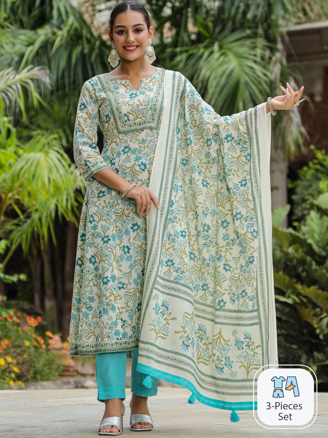 Dhiyona RR Women's Floral Printed Sequinned A-Line Pure Cotton Kurta with Trousers & Dupatta
