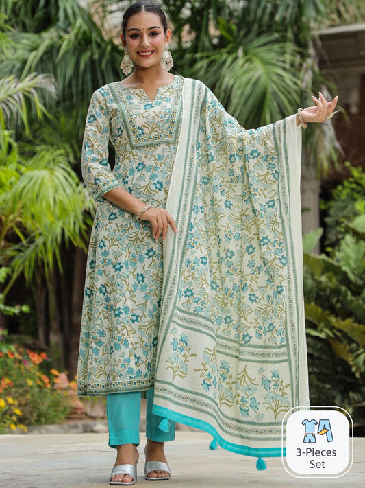 Dhiyona RR Women's Floral Printed Sequinned A-Line Pure Cotton Kurta with Trousers & Dupatta