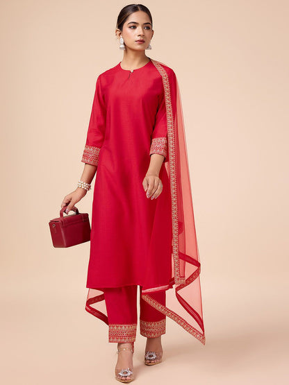 Dhiyona PD Women Self Design Sequinned Embroidered Kurta With Trouser & Dupatta