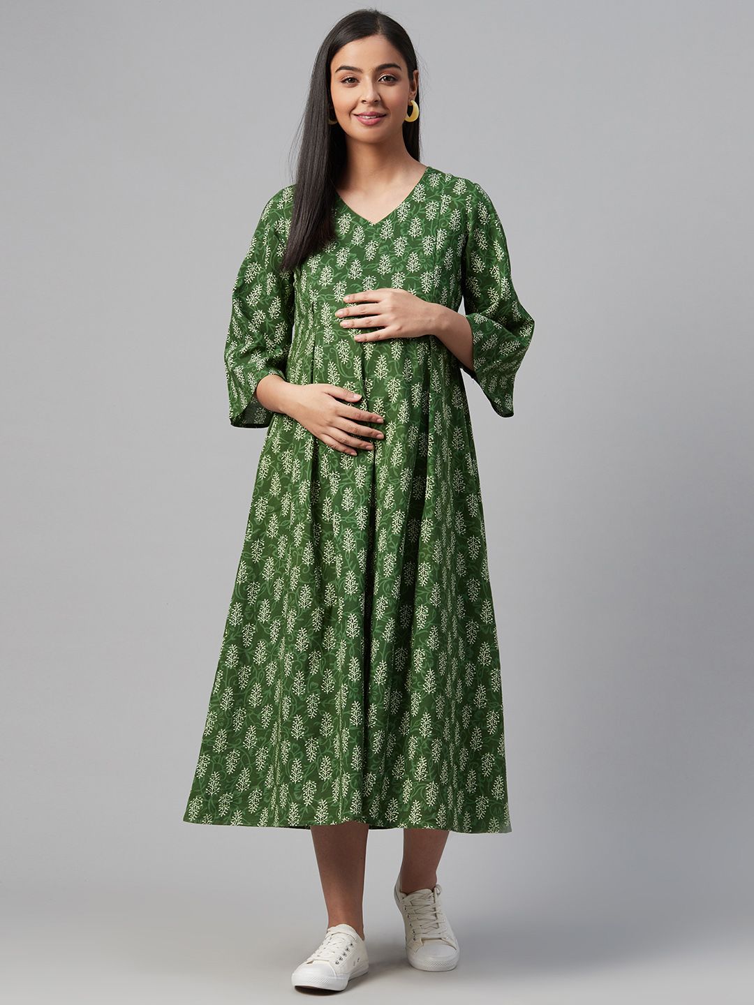 Dhiyona AY Women's Green & Off-White Printed Maternity A-Line Dress