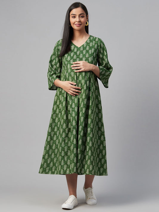 Dhiyona AY Women's Green & Off-White Printed Maternity A-Line Dress