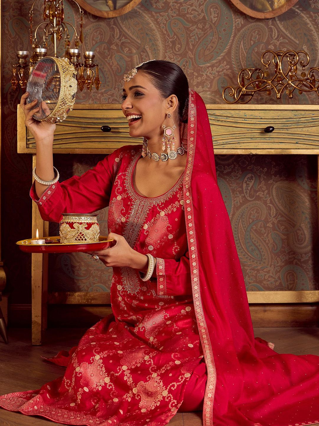 Dhiyona IE Women Embroidered Regular Kurta with Trousers & With Dupatta