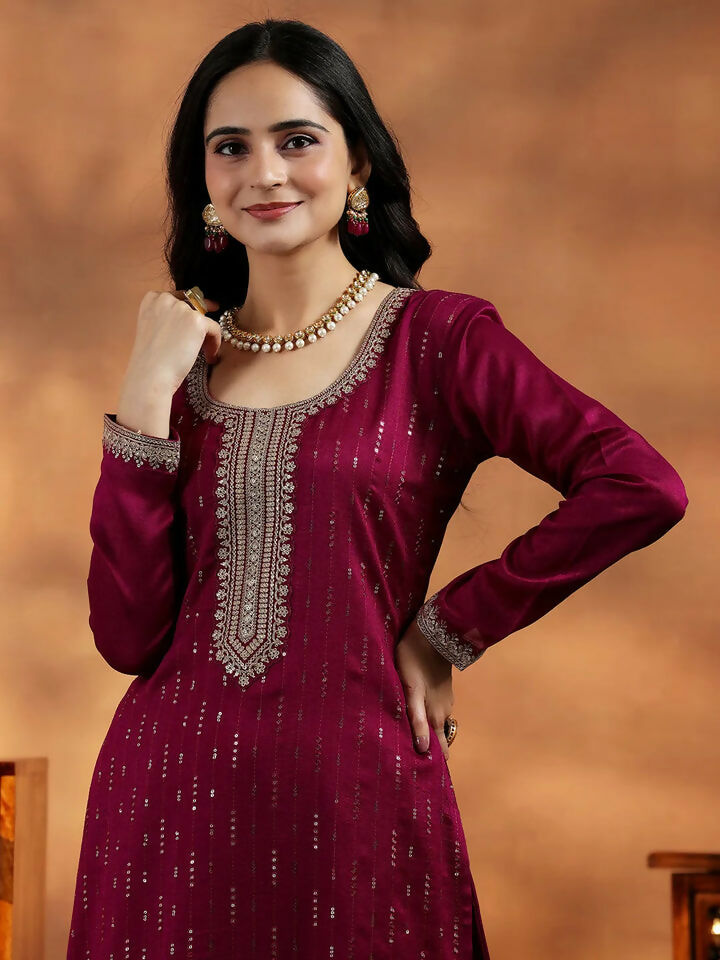 Women's LB Maroon Embroidered Silk Blend Straight Suit With Dupatta