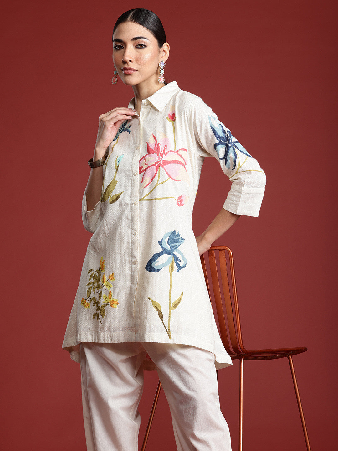 Floral Printed Pure Cotton Kurti with Trousers