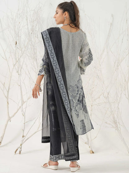 Dhiyona IS Women's Abstract Printed Linen Straight Kurta with Trousers & Dupatta