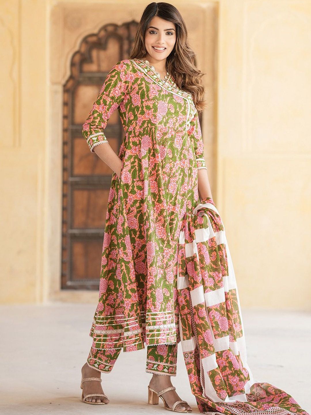 Dhiyona KL Floral Embroidered Gotta Patti Angrakha Pure Cotton Kurta with Trousers & Dupatta
