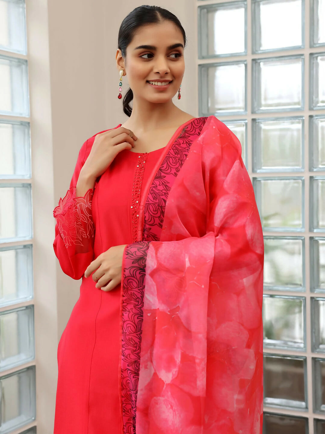 Women's LB Red Yoke Design Silk Blend Straight Suit With Dupatta