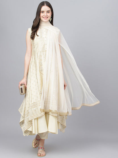 Dhiyona KL Ethnic Motifs Printed Layered Chanderi Silk Kurta With Trousers & Dupatta