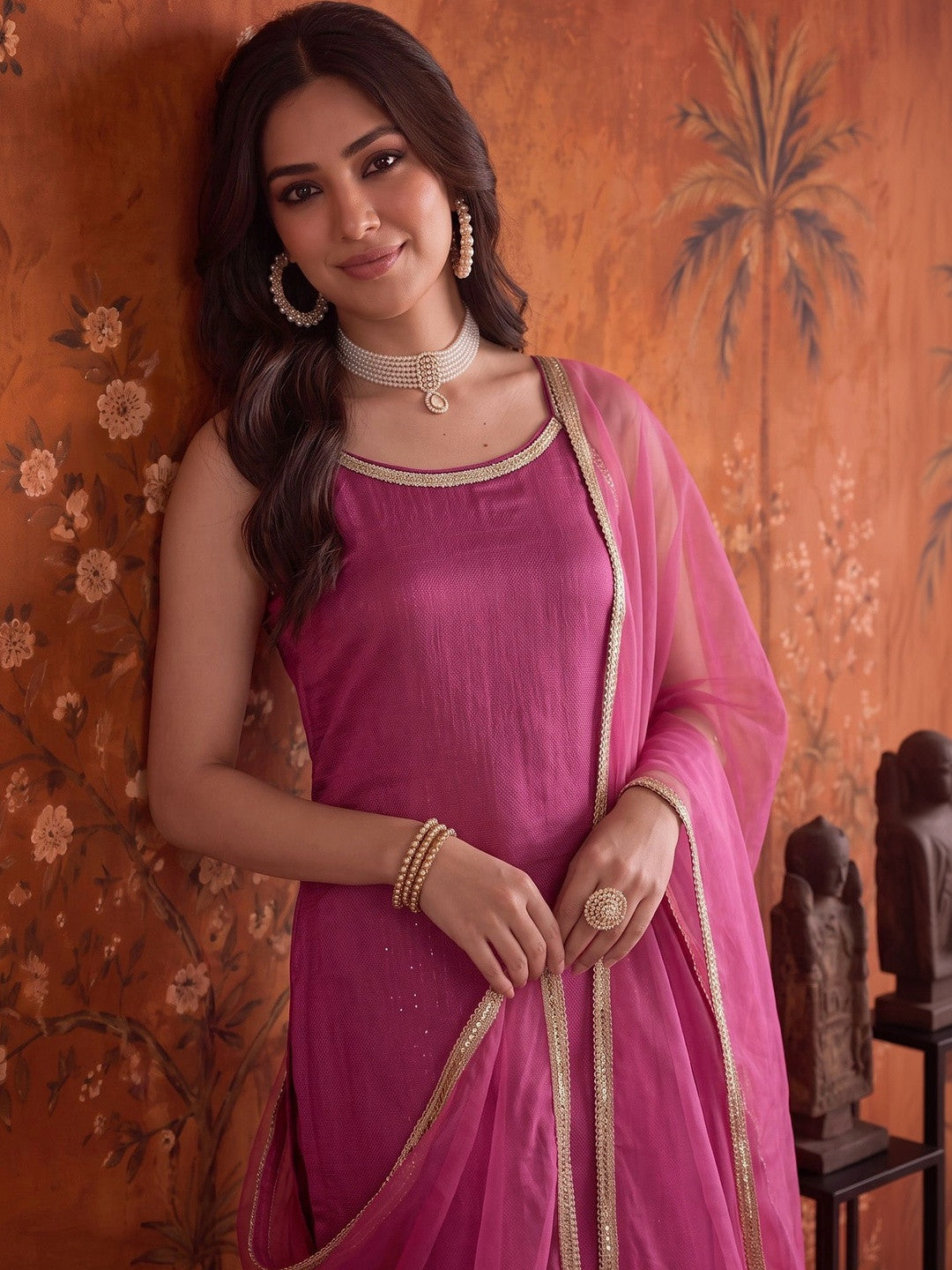 Silk Blend Round Neck Kurta & Trousers With Dupatta