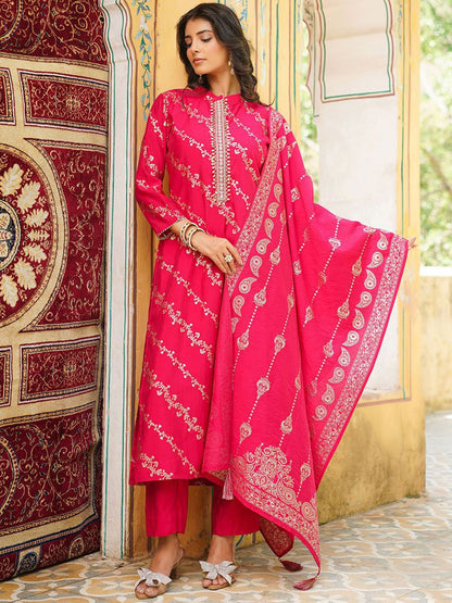 Dhiyona KL Women Floral Printed Straight Kurta with Trousers & Dupatta