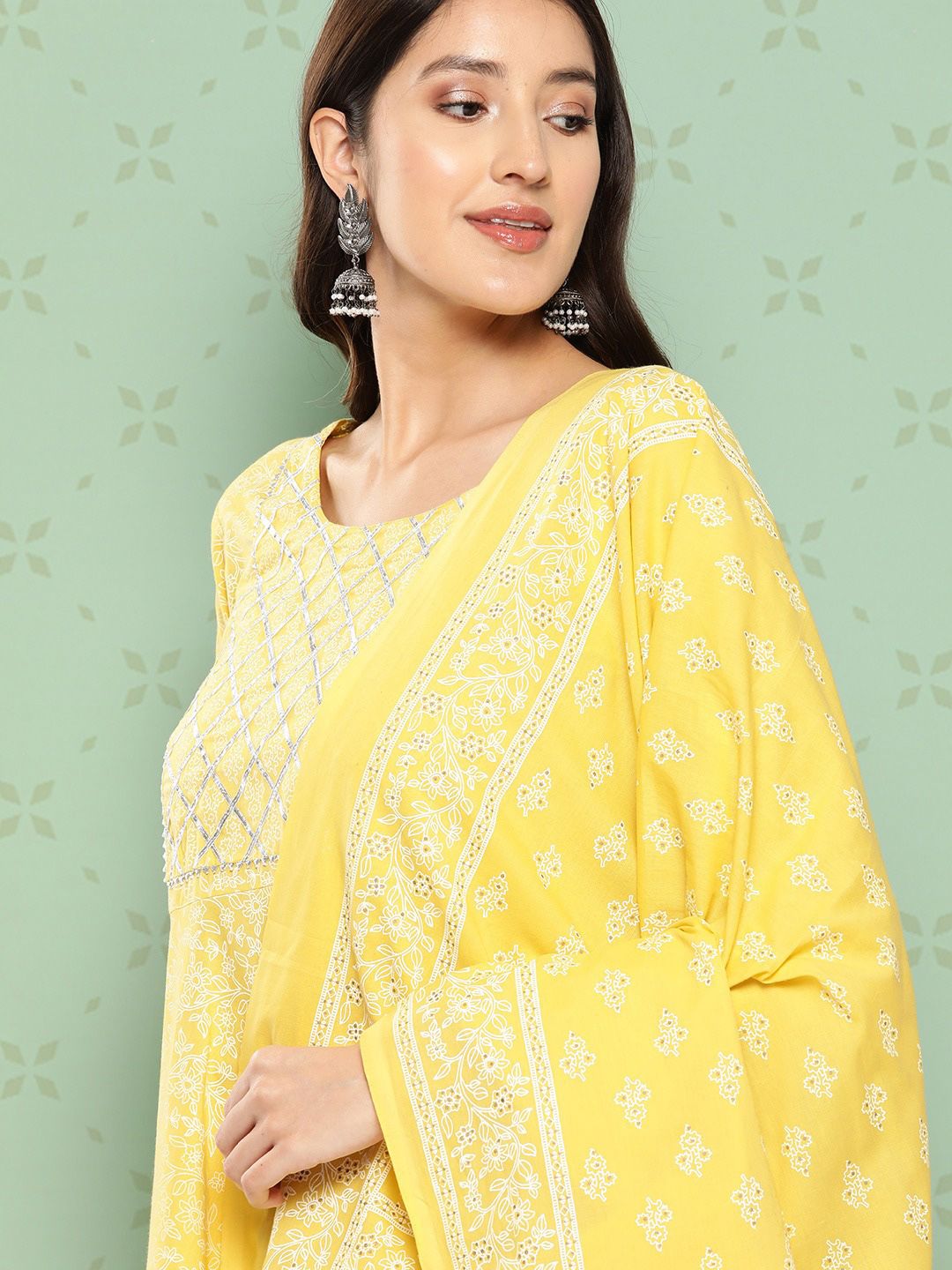 Dhiyona KL Ethnic Motifs Printed Pure Cotton Anarkali Kurta with Trousers & Dupatta