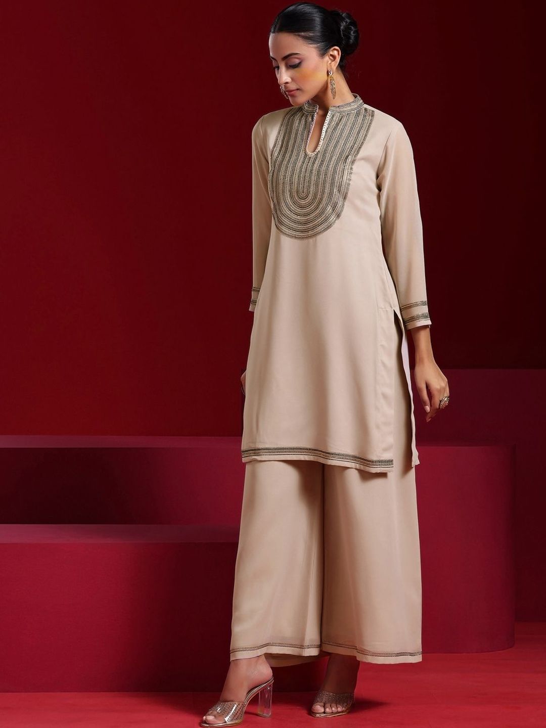 Dhiyona LL Yoke Design Regular Beads And Stones Straight Kurta With Palazzos & Dupatta
