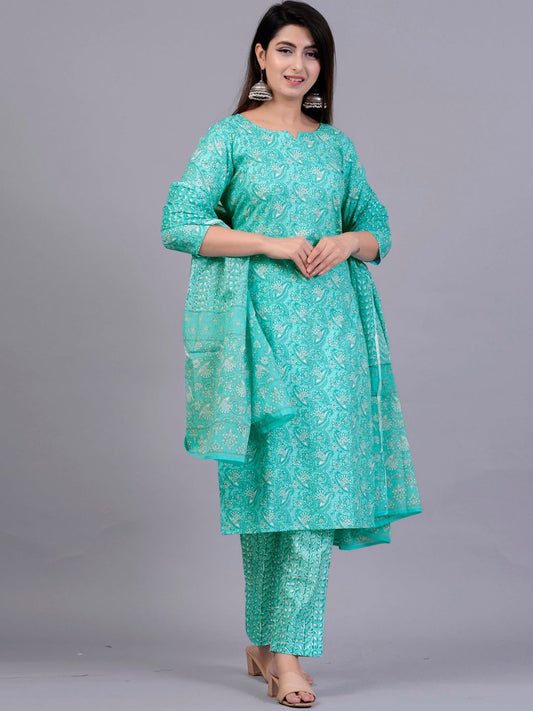 Dhiyona KL Ethnic Motifs Printed Regular Pure Cotton Kurta With Trousers & Dupatta