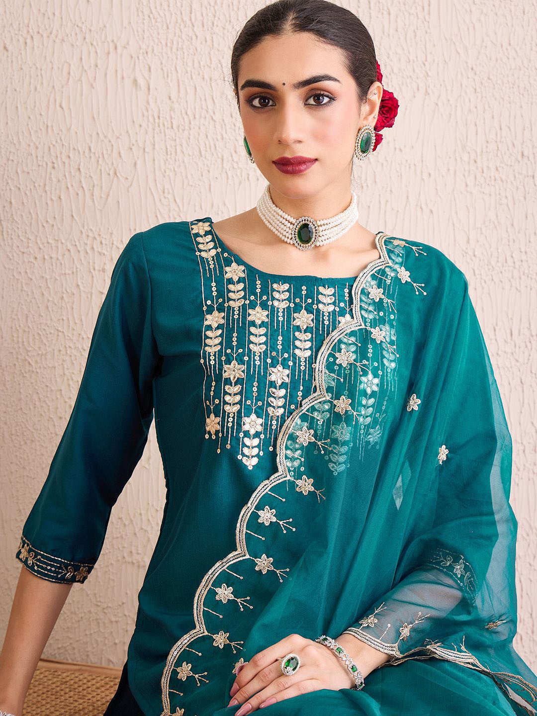 Women Floral Yoke Design Regular Gotta Patti Kurta with Trousers & With Dupatta
