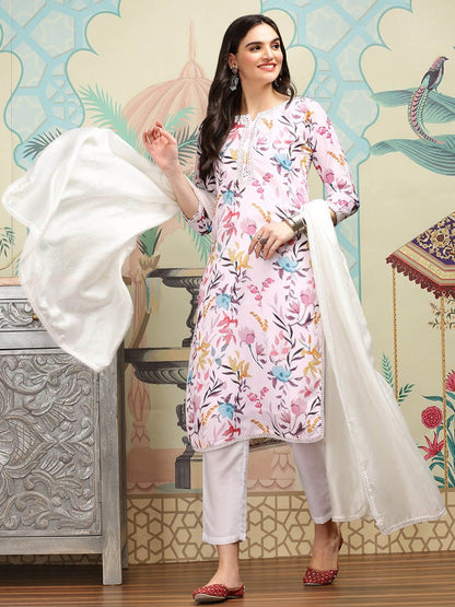 Dhiyona IS Women's White Floral Printed Mirror Work Regular Straight Kurta With Trousers & Dupatta
