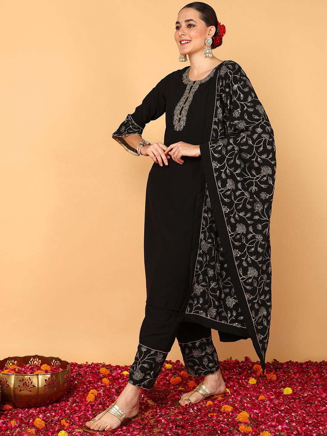 Dhiyona KL Floral Embroidered Bell Sleeves Straight Kurta with Palazzos & Dupatta