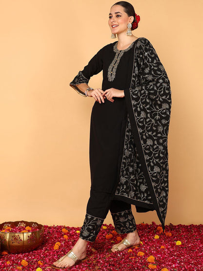 Dhiyona KL Floral Embroidered Bell Sleeves Straight Kurta with Palazzos & Dupatta