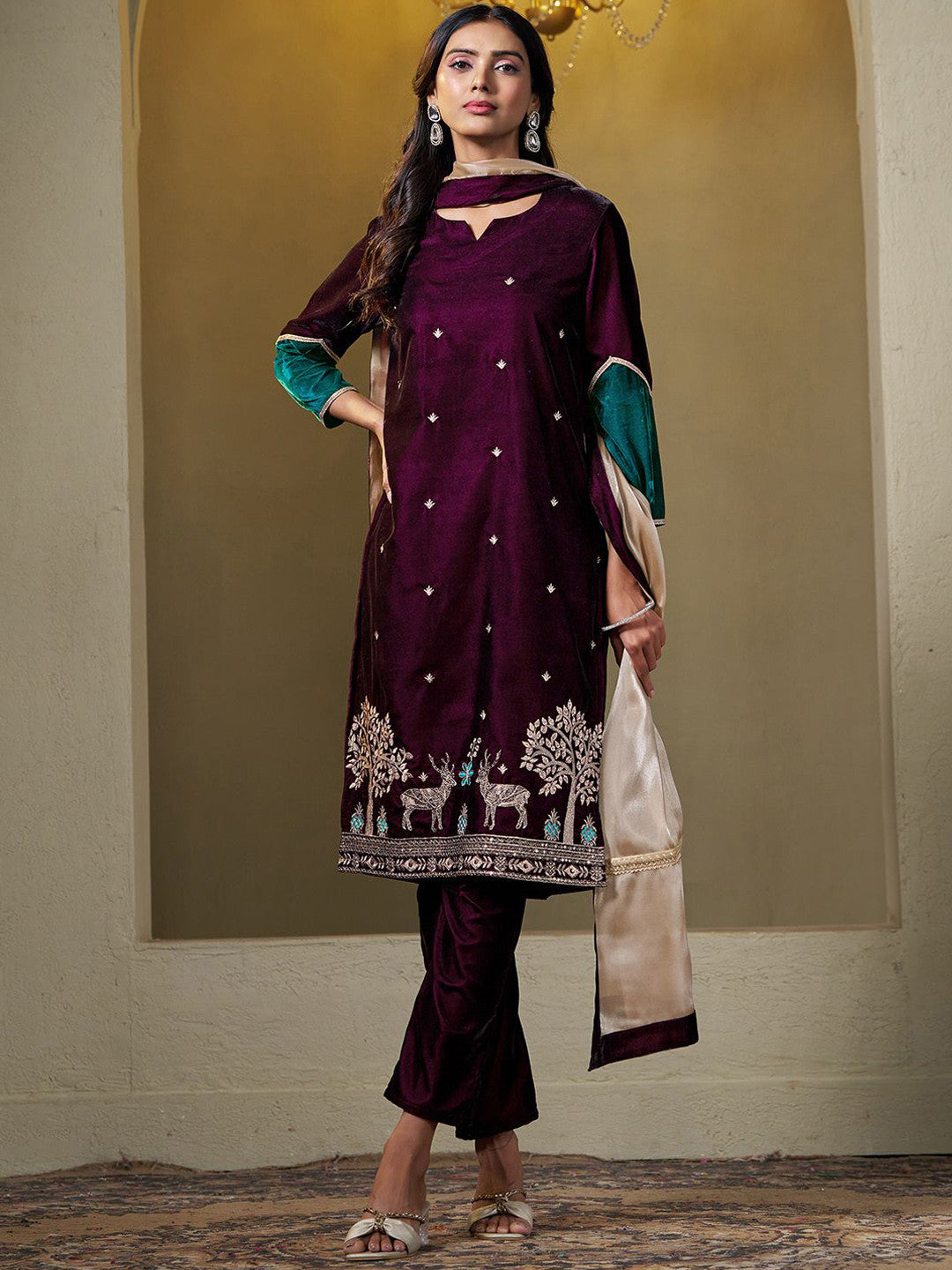 Women Velvet Embroidered Straight Kurta Pant With Dupatta Set