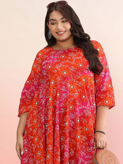 Dhiyona AY Women's Plus Size Ethnic Motifs Printed Pure Cotton A-Line Ethnic Dress