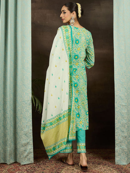 Women Floral Embroidered Regular Pure Cotton Kurta with Trousers & With Dupatta