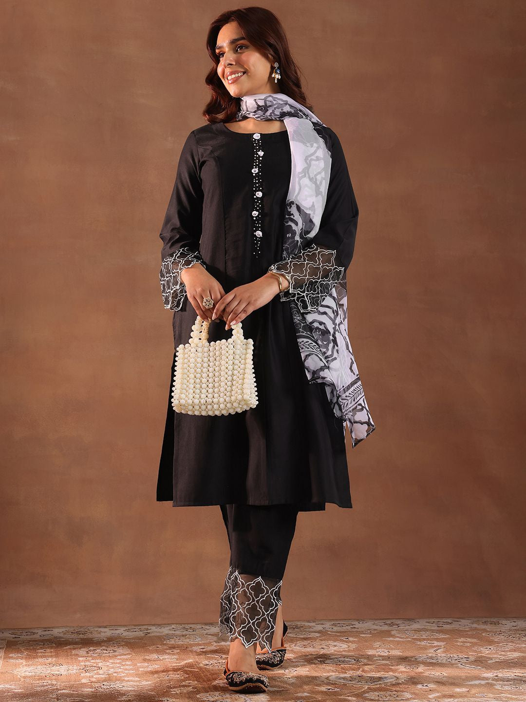 Round Neck Panelled Beads Work Straight Kurta With Trousers & Dupatta