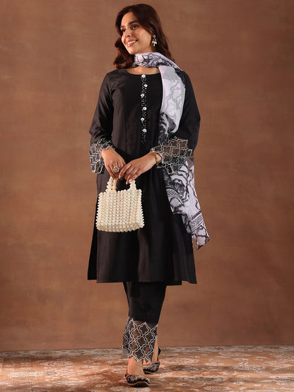 Round Neck Panelled Beads Work Straight Kurta With Trousers & Dupatta