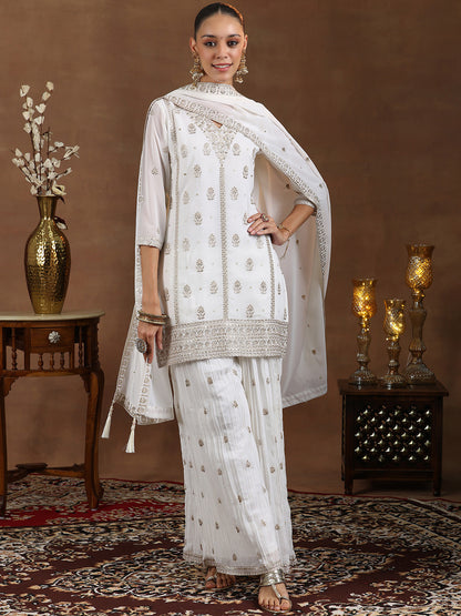 Floral Embroidered Sequinned Georgette Straight Kurti With Palazzos & Dupatta