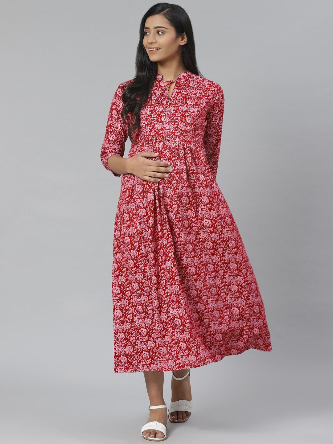Dhiyona AY Women's Maroon & Pink Printed Pure Cotton Maternity A-Line Dress