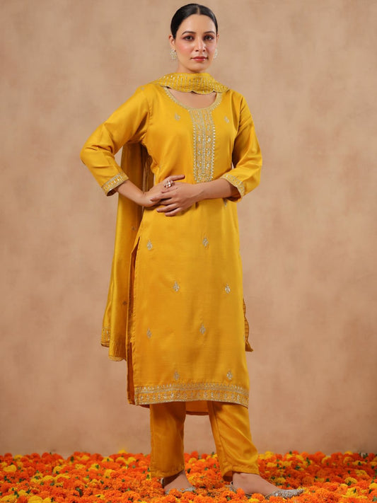 Dhiyona IS Women's Ethnic Motifs Embroidered Sequinned Straight Kurta & Trousers With Dupatta