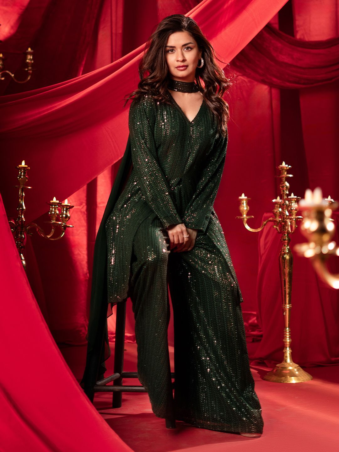 Dhiyona LL Embroidered Sequinned Kurta with Palazzos & Dupatta