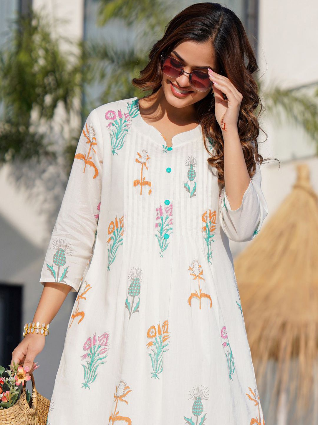 Dhiyona IE Floral Printed Pure Cotton Anarkali Kurta with Trousers