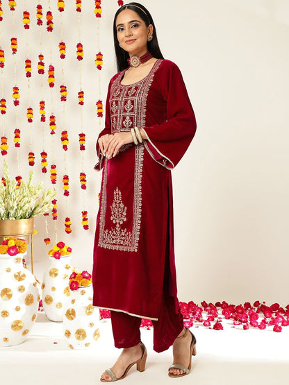Dhiyona VA Burgundy Ethnic Motifs Embroidered Velvet Kurta With Palazzos & Dupatta