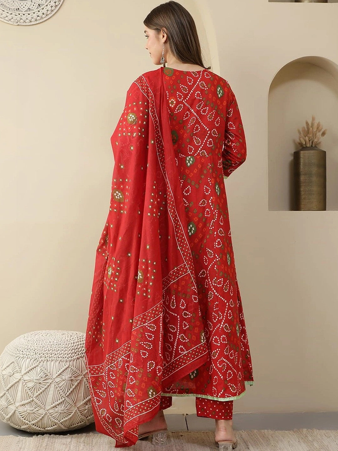 Women Leheriya Printed Angrakha Cotton Kurta with Trousers & Dupatta