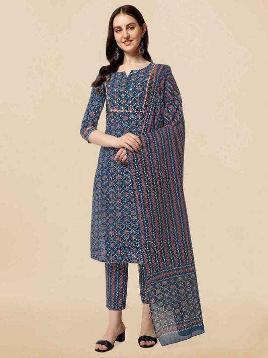 Dhiyona KL Women Plus Size Blue Ethnic Motifs Kurta with Trousers & With Dupatta