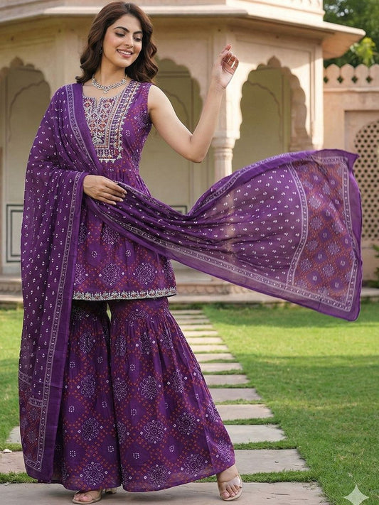 Dhiyona AN Women Ethnic Motifs Printed Empire Thread Work Pure Cotton Kurta with Sharara & With Dupatta