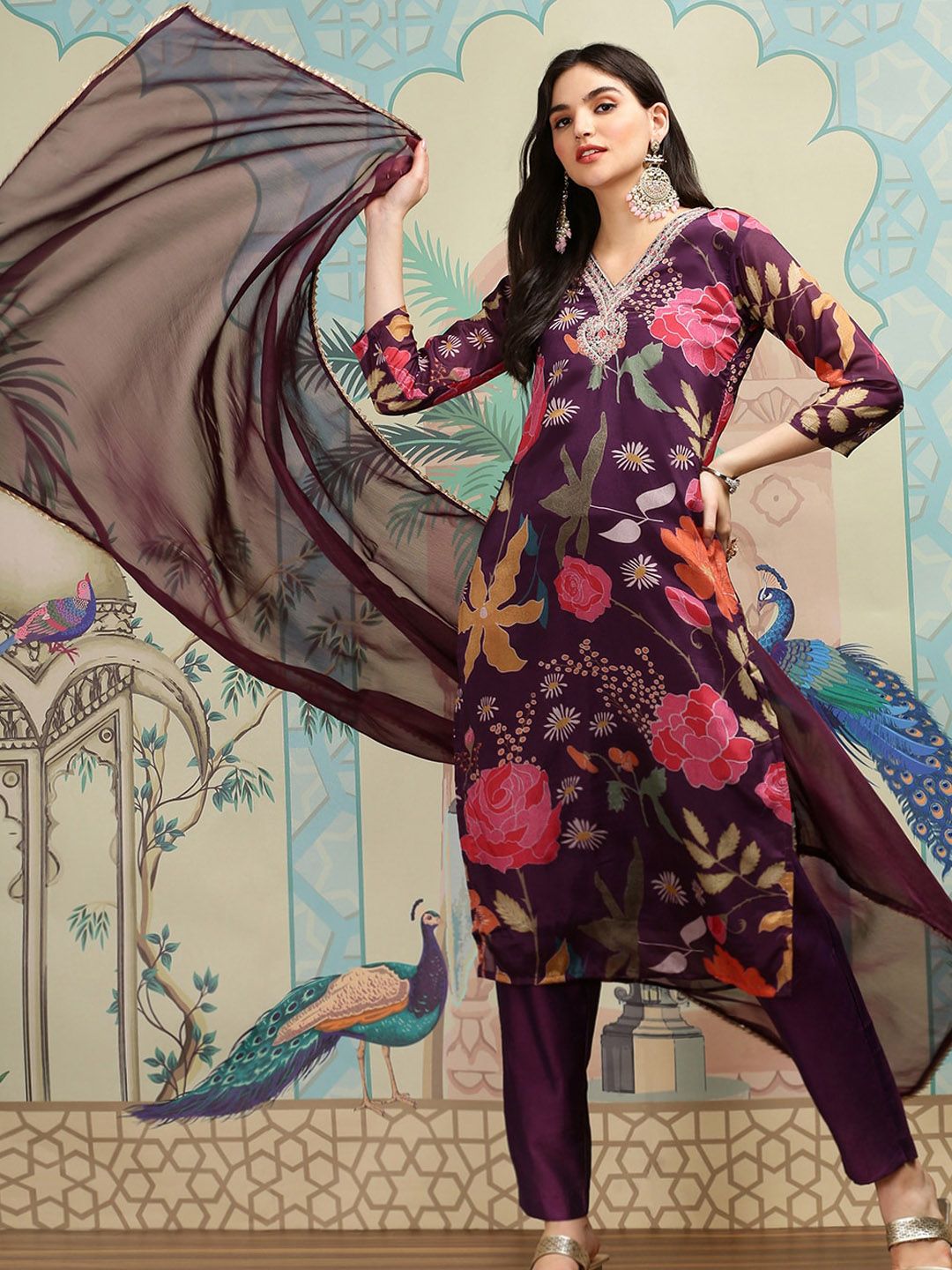 Dhiyona IS Women's Purple Floral Printed Thread Work Straight Kurta With Trousers & With Dupatta