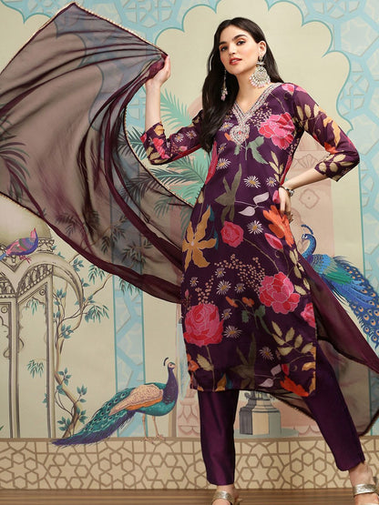 Dhiyona IS Women's Purple Floral Printed Thread Work Straight Kurta With Trousers & With Dupatta
