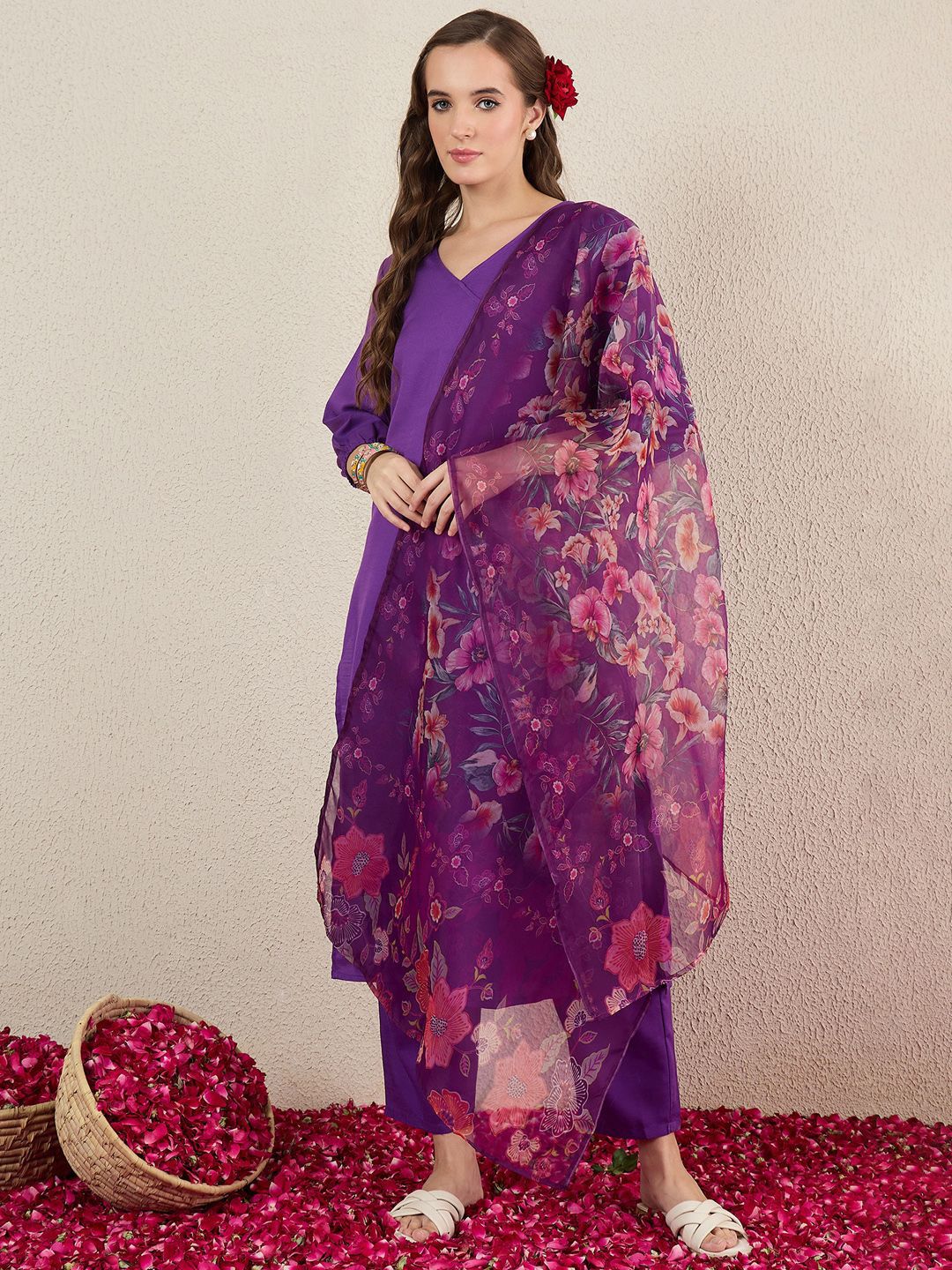 V-Neck Straight Kurta With Trousers & Dupatta