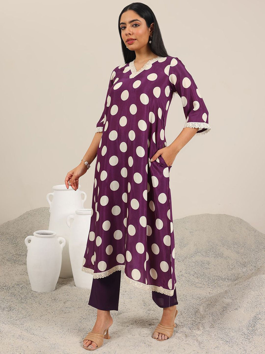 Polka Dot Printed V-Neck Straight Kurta With Trouser & Dupatta