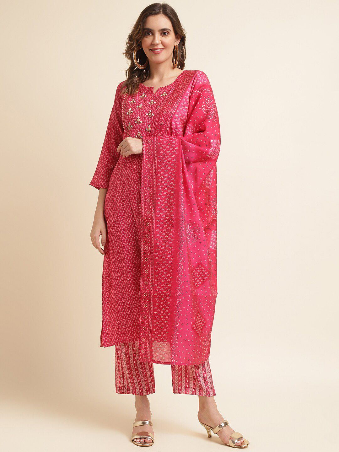 Dhiyona IS Women's Pink Printed Regular Sequinned Kurta with Trousers & Dupatta